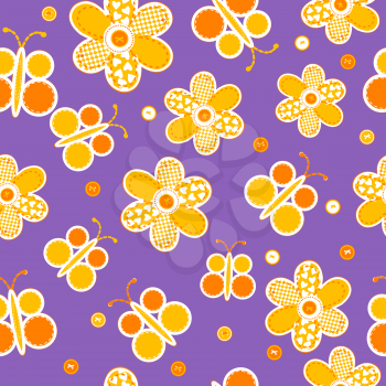 Seamless pattern with sewed butterflies and flowers