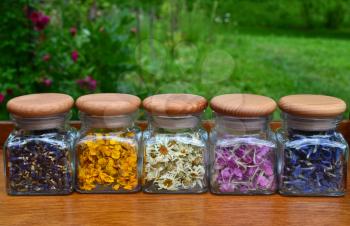 Collection of small transparent jars with colored flowers
