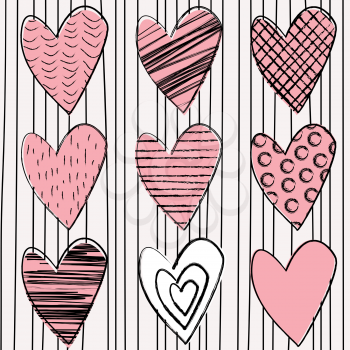 Set of doodle hearts on striped background