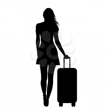 Full length of young female  silhouette with  travel bag, isolated on white background