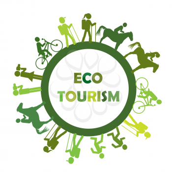 Eco turism concept with round frame and stylized tourists