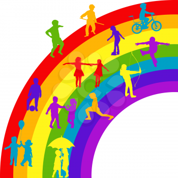 Silhouettes of happy kids playing on rainbow