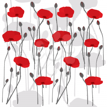 Seamless pattern with hand drawn stylized poppies on white background