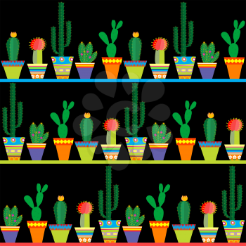 Seamless pattern with rows of different cactus over black background