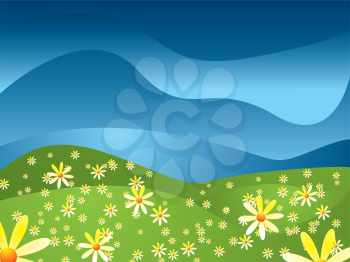 Royalty Free Clipart Image of a Field of Daisies and a Wavy Blue Sky