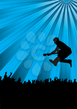 Royalty Free Clipart Image of a Guitarist Jumping into a Crowd