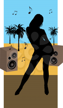 Royalty Free Clipart Image of a Girl, Speakers and a Beach