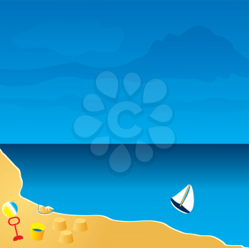 Royalty Free Clipart Image of a Beach With a Boat and Sandcastles