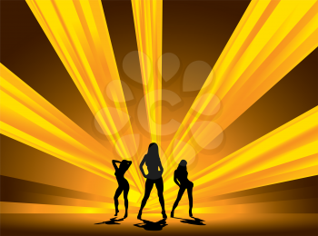Royalty Free Clipart Image of Three Dancers on a Striped Background