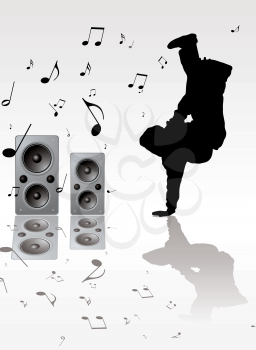 Royalty Free Clipart Image of a Break Dancer on a Musical Background
