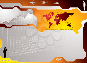 Royalty Free Clipart Image of a Grey Background With a World Map, People and Air Transportation