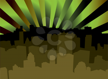 Royalty Free Clipart Image of a Silhouetted Skyline With Radiating Green