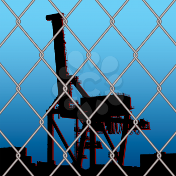 Royalty Free Clipart Image of a Silhouetted Crane Through a Fence