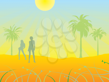 Royalty Free Clipart Image of a Tropical Scene With Women