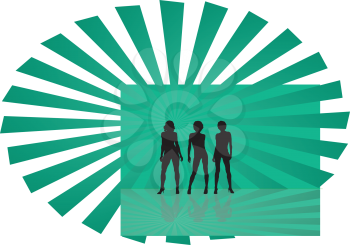 Royalty Free Clipart Image of Three Ladies on Green With a Pinwheel Behind