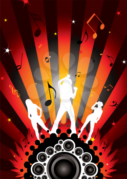 Royalty Free Clipart Image of Three Woman on a Music Themed Background