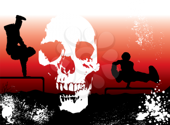 Royalty Free Clipart Image of a Skull Between Two Youth Doing Extreme Sports