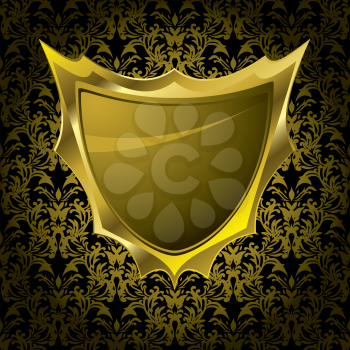Royalty Free Clipart Image of a Gold Shield Over a Black and Gold Background