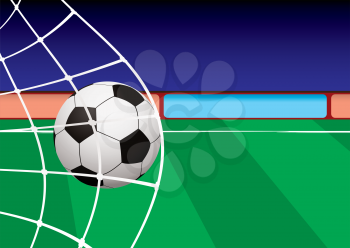 Royalty Free Clipart Image of a Soccer Ball in the Net on a Field