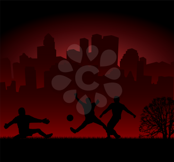 Royalty Free Clipart Image of Three Silhouettes Playing Ball in a Park