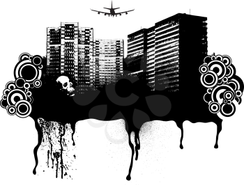 Royalty Free Clipart Image of a Gothic City and Airplane