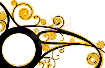 Royalty Free Clipart Image of a White Space With a Black Circle and Yellow Flourishes