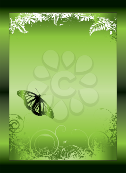 Royalty Free Clipart Image of a Green Background in a Frame With Floral Flourishes and a Butterfly