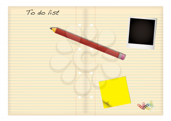 Royalty Free Clipart Image of a To Do List, Polaroid, Paper, Clips and a Pencil