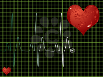Royalty Free Clipart Image of a Heart Beat on Green With Hearts in the Corners