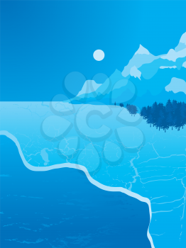 Royalty Free Clipart Image of an Iced Lake With Mountains