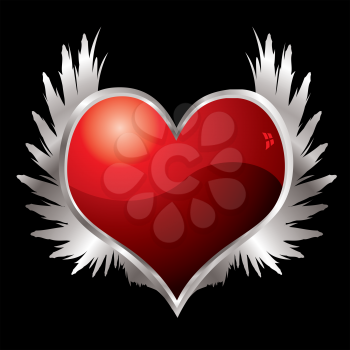 Royalty Free Clipart Image of a Red Heart Framed in Silver With Silver Wings