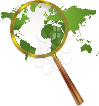Royalty Free Clipart Image of a Green World and Magnifying Glass