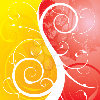 Royalty Free Clipart Image of a Red and Yellow Background With Flourish Down the Centre