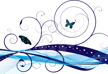 Royalty Free Clipart Image of a Wave With Flourishes and Butterflies