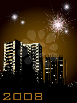 Royalty Free Clipart Image of Fireworks Over Buildings for 2008