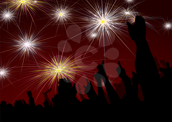 Royalty Free Clipart Image of a Crowd and Fireworks