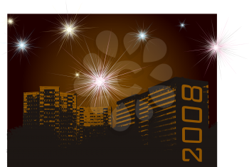 Royalty Free Clipart Image of a Fireworks Display Over a City Skyline