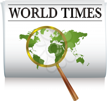 Royalty Free Clipart Image of a Newspaper With a World Map and a Magnifying Glass