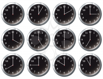 Royalty Free Clipart Image of a Set of Clocks at Different Times