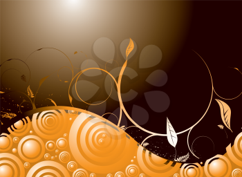 Royalty Free Clipart Image of an Orange and Brown Background With Leafy Flourishes