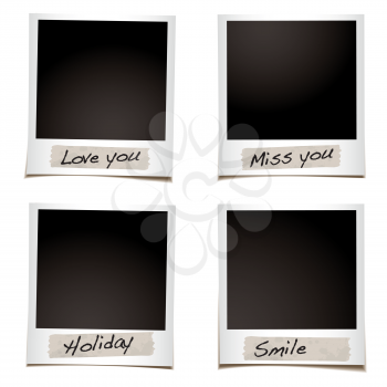 Royalty Free Clipart Image of Four Polaroids With Messages Taped to Them