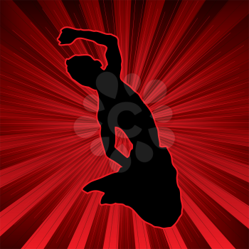 Royalty Free Clipart Image of a Leaping Silhouette on a Red Striped Background