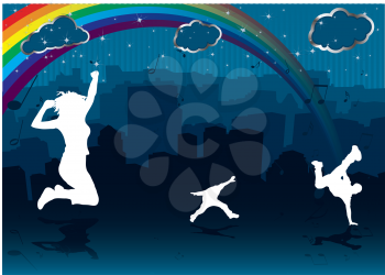 Royalty Free Clipart Image of Silhouettes With a Rainbow and Clouds