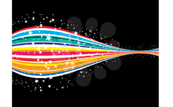 Royalty Free Clipart Image of a Colourful Stripe and Stars on Black