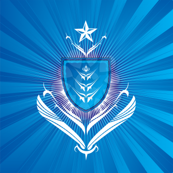 Royalty Free Clipart Image of a Shield on a Blue Background With a Star at the Top