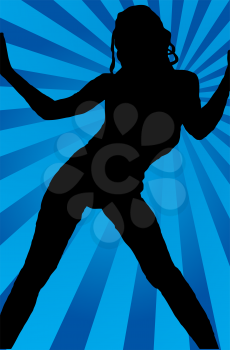 Royalty Free Clipart Image of a Girl Dancing on a Blue Striped Background