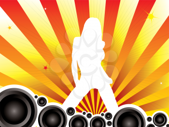 Royalty Free Clipart Image of a Girl and Speakers on a Striped Background