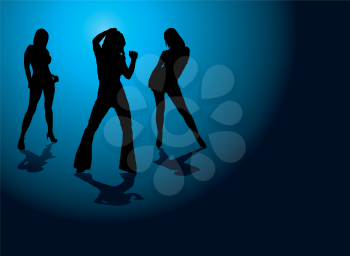 Royalty Free Clipart Image of Three Dancers on Blue