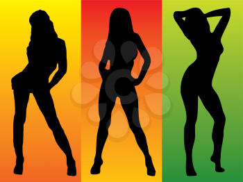 Royalty Free Clipart Image of Three Women on Coloured Backgrounds