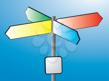 Royalty Free Clipart Image of a Coloured Sign Post Against a Blue Sky